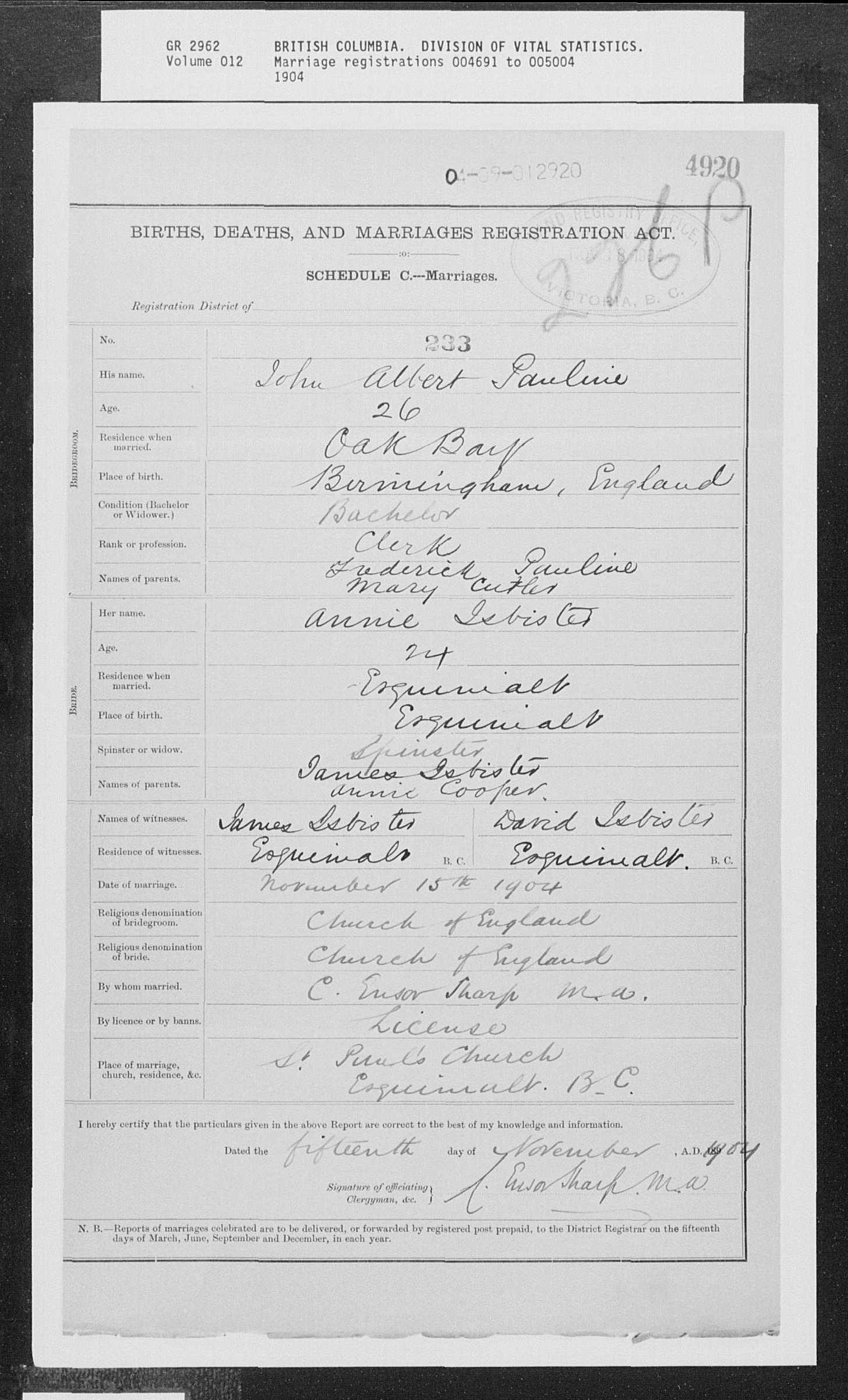 Marriage John Pauline Ann Isbister 1904