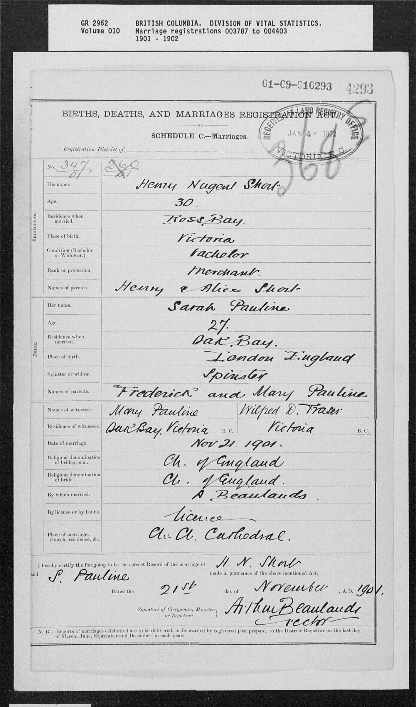 marriage Sarah Pauline Henry Short 1901