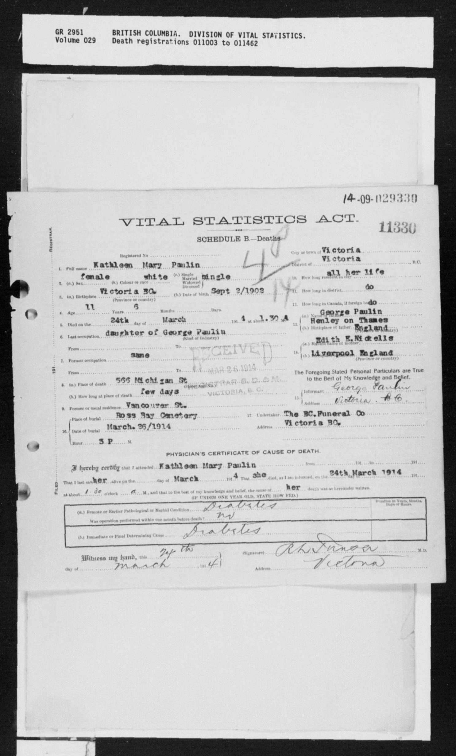 Death Kathleen Mary Paulin 1925