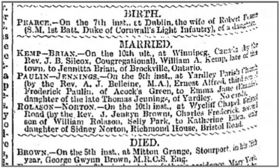Bham Daily Post 11 Mar 1886 page 8 - E & E Paulin marriage
